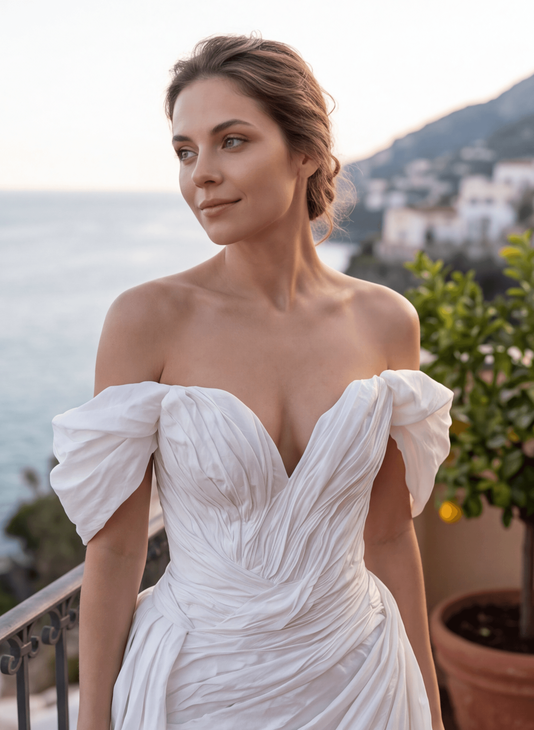 Свадебное платье айвори со спущенными рукавами-буфами, драпированным корсетом и глубоким V-образным вырезом